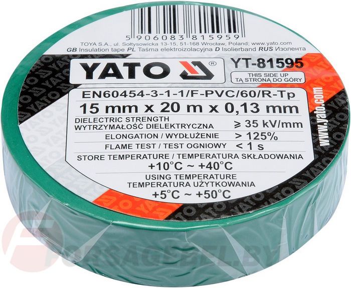 Изолента ПВХ зеленая 15 мм х 20 м. х 0,13 мм Yato YT-81595