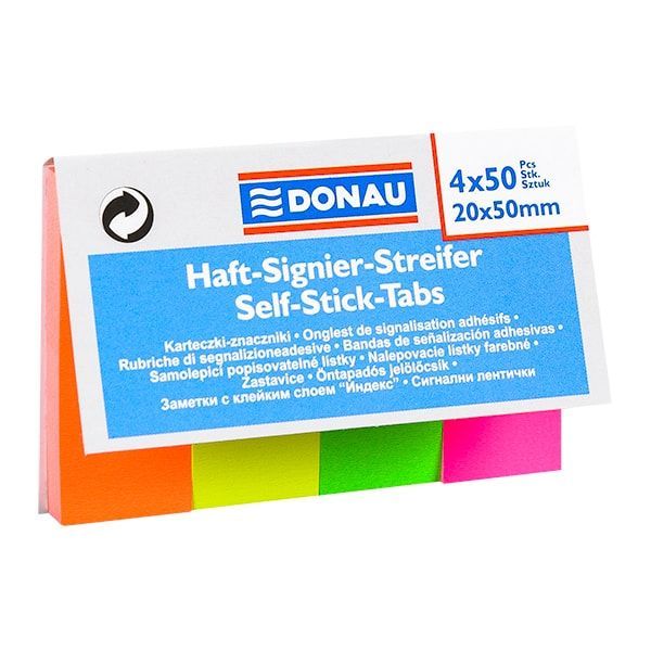 Закладки бумажные клейкие "Donau", 20x50 мм, 200 шт, ассорти