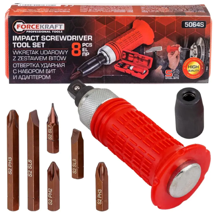 Отвертка ударная с набором бит и адаптером 8 пр ForceKraft FK-5064S