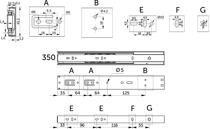 Направляющая шариковая L-350 h45 SOFT CLOSE A PRIME by AKS 114794