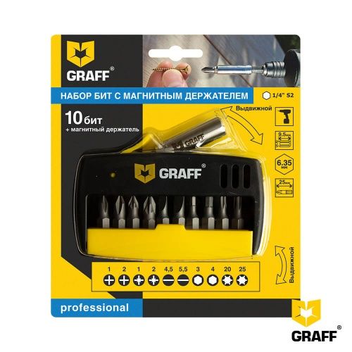 Набор бит PH, PZ, SL, HEX, Torx, 1/4'', с магнитным держателем 10 пр. GRAFF 4601