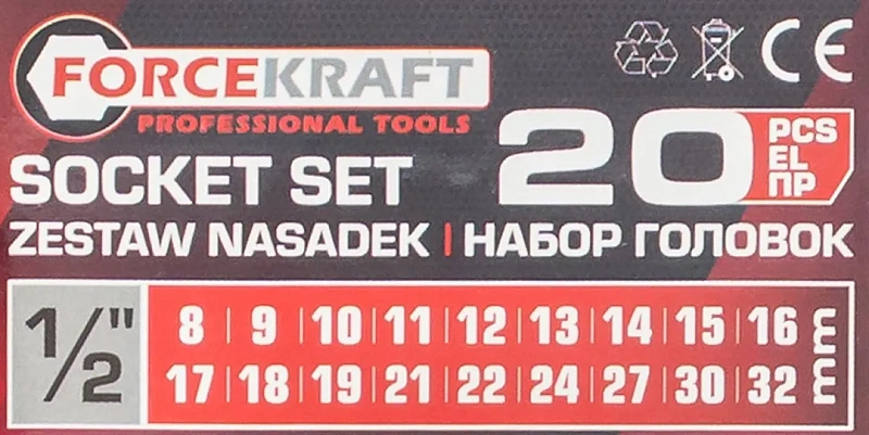 Набор ударных головок с трещоткой и удлинителем 20 пр. 1/2'' 6-гр, 8-32 мм ForceKraft FK-019-5K