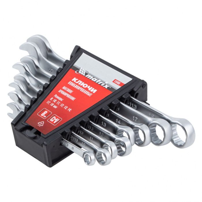 Набор ключей комбинированных, 8-19 мм, 8 шт., CrV, матовый хром Matrix 15406