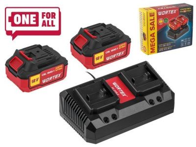 Набор аккумулятор 2х4 А*ч и зарядное устройство 2х2 А ALL1 XLT в кор. SET, 18.0 В, 2x4.0 А*ч WORTEX 1329413