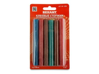 Стержни клеевые d=11,3 мм, L=100 мм, цветные, упак. 12 шт., блистер, REXANT 09-1230