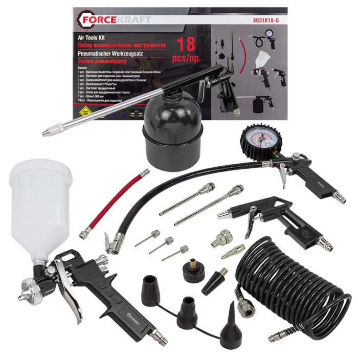 Набор пневмоинструмента 18 пр, краскопульт, обдувочник, подкачка, 10 адаптеров и 1 шланг для подкачки, промывка, шланг 5 м ForceKraft FK-8031K18-G (E-70)