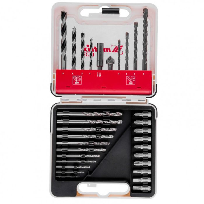 Набор сверл комбинированный, сверла по металлу 1-6 мм, бетону 4-8 мм, дереву 4-8 мм, биты 10 шт, адаптер, зенковка, 31 пр. Pro Matrix 725631