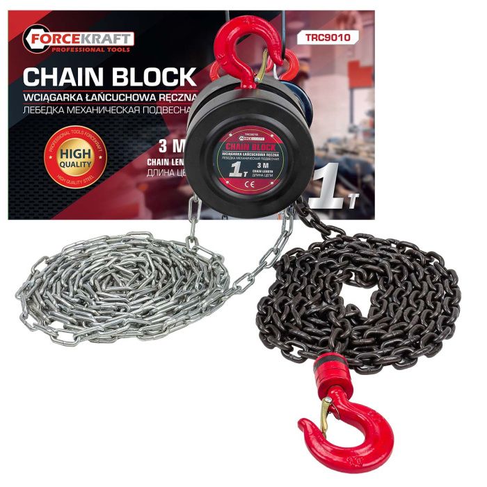 Таль механическая подвесная c фиксацией цепи натяжения, 1 т, длина цепи - 2,5 м ForceKraft FK-TRC9010