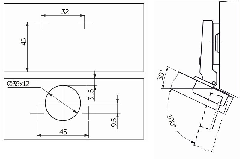 Петля угловая -30° с пружиной 45мм h4 slide-on AKS 11221