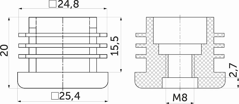 Подпятник под болт М8 для квадр. трубы 25*25 QUADRO, черный AKS 113434