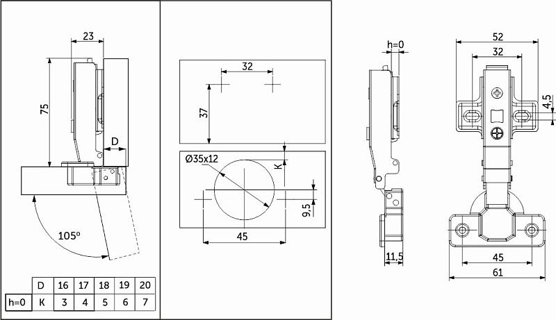 Петля накладная без пружины 45мм h0 clip-on, саморезы, заглушки, упак 2 шт., PRIME by AKS 112697