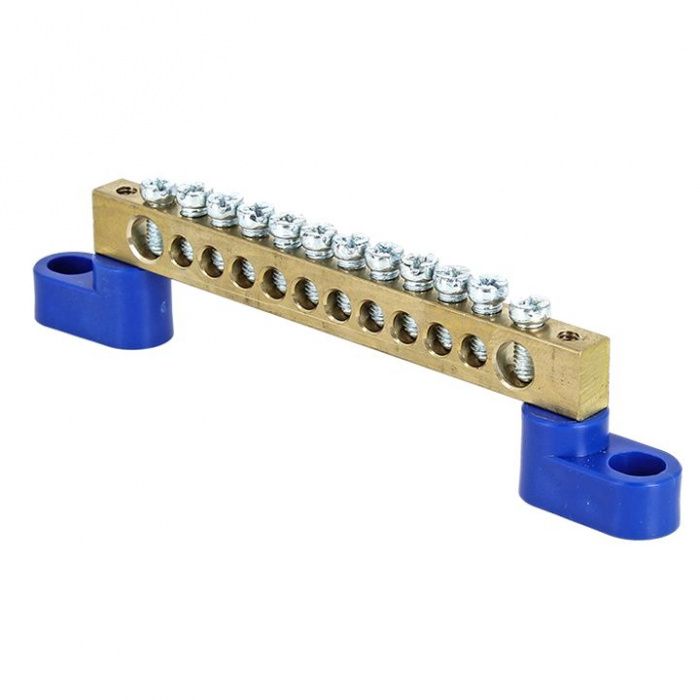 Шина "0" N (6х9мм) 12 отверстий латунь 2 синих угловых изолятора розничный стикер EKF PROxima sn0-63-12-2-r