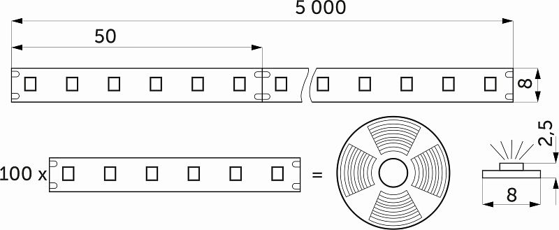 Лента светодиодная влагостойкая 9,6W/m, 24V, 8мм, 2835, 120 д/м, IP65, нейтр. бел, 4000К, 5м, AKS 115332