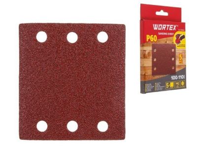 Шлифлист 100х110 мм Р60 д/дерева самосцепл. 6 отв. 5 шт WORTEX 1334429