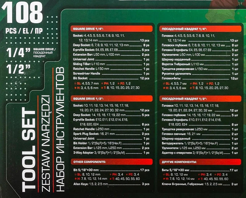 Набор инструментов 108 пр. 1/4"&1/2", 6-гр. RockForce RF LIGHT-41082-5