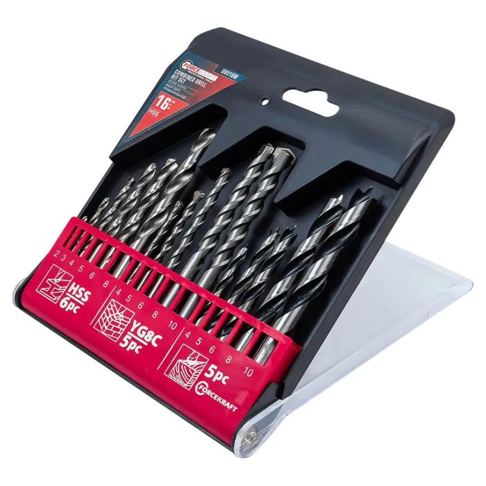 Набор сверл комбинированный 16 пр по металлу: 2-6, 8 мм, по бетону: 4-6, 8, 10 мм, по дереву: 4-6, 8, 10 мм ForceKraft FK-DBS16M