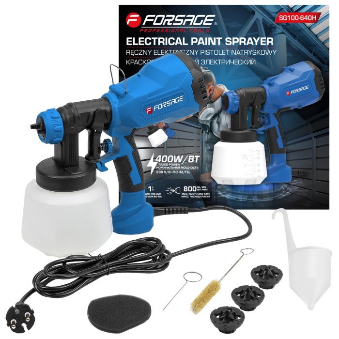 Краскопульт ручной электрический 230В, 400Вт, объем бачка 1 л, макс.расход краски 800мл/мин Forsage F-SG100-640H