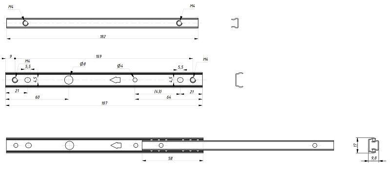 Направляющая шариковая L-187 h17 AKS 127969