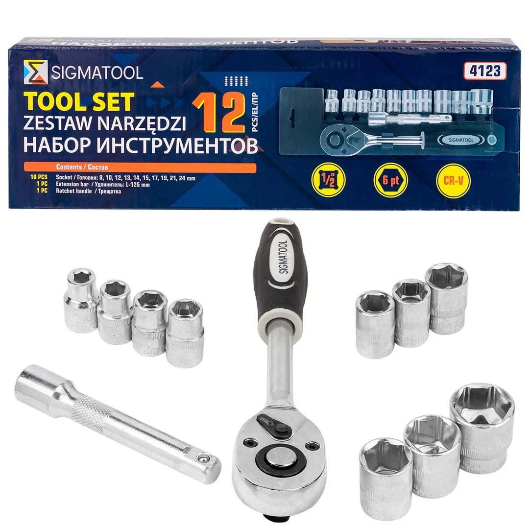 Набор головок с трещоткой и удлинителем 8-24 мм, 12 пр. 1/2'' 6-гр SIGMATOOL Sigmatool-4123