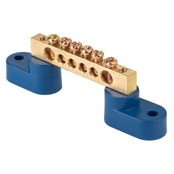 Шина "0" N (8х12мм) 6 отверстий латунь 2 синих угловых изолятора EKF PROxima sn0-125-06-2