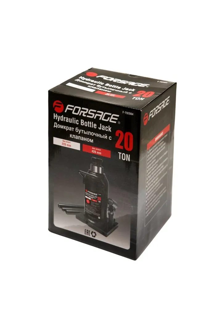Домкрат бутылочный гидравлический с клапаном 20 т, 235-445 мм, Forsage F-T92004(BR)(Euro)