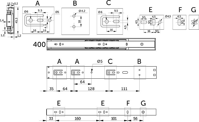 Направляющая шариковая L-400 h45 SOFT CLOSE A PRIME by AKS 114795