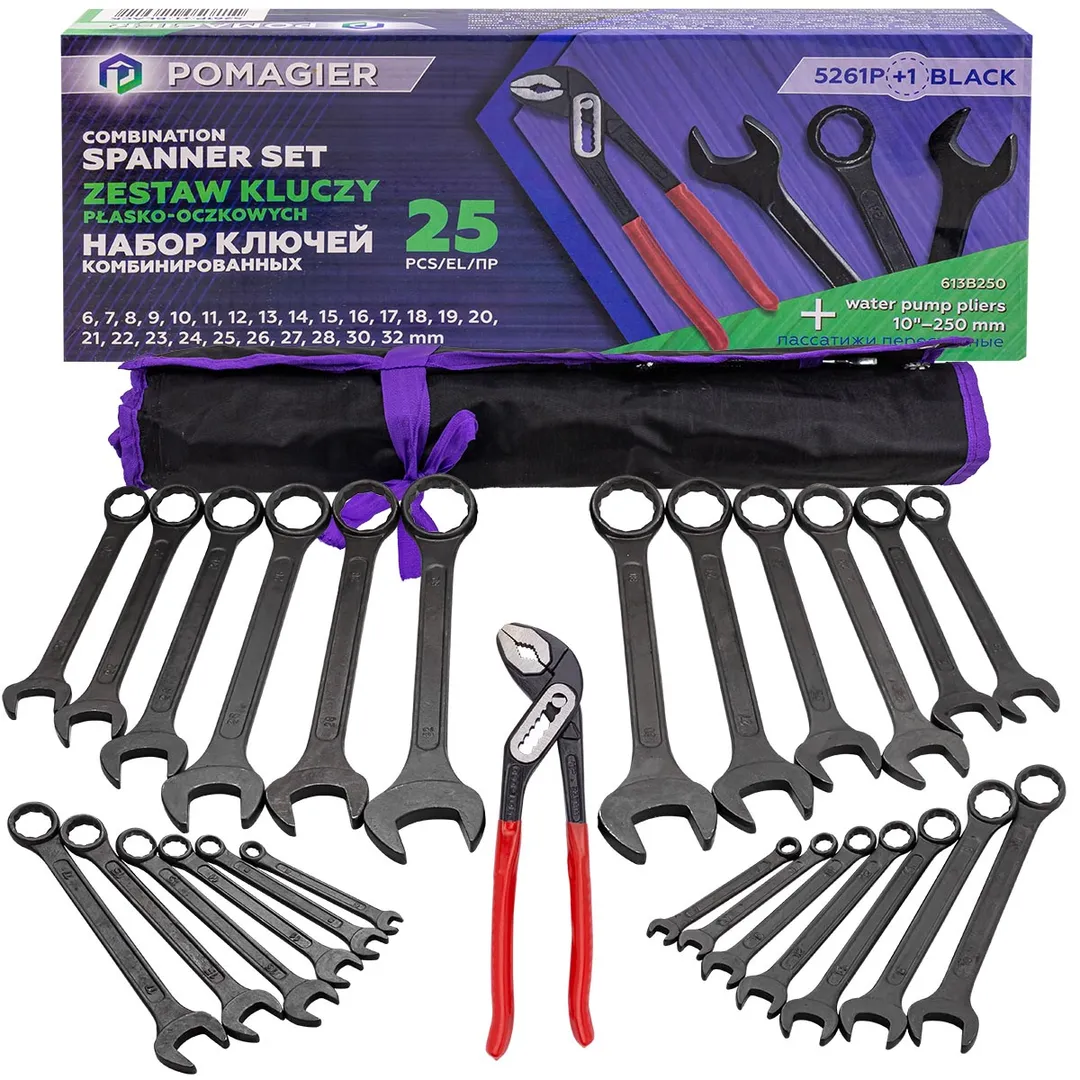 Набор комбинированных ключей 6-32 мм, пассатижи 250 мм, 26 пр POMAGIER POM-5261P+1 BLACK