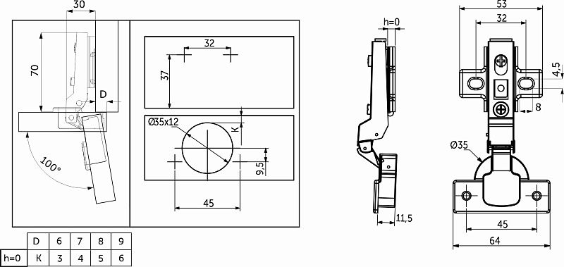 Петля полунакладная с доводчиком 45мм h0 clip-on, саморезы, заглушки, AKS 115737