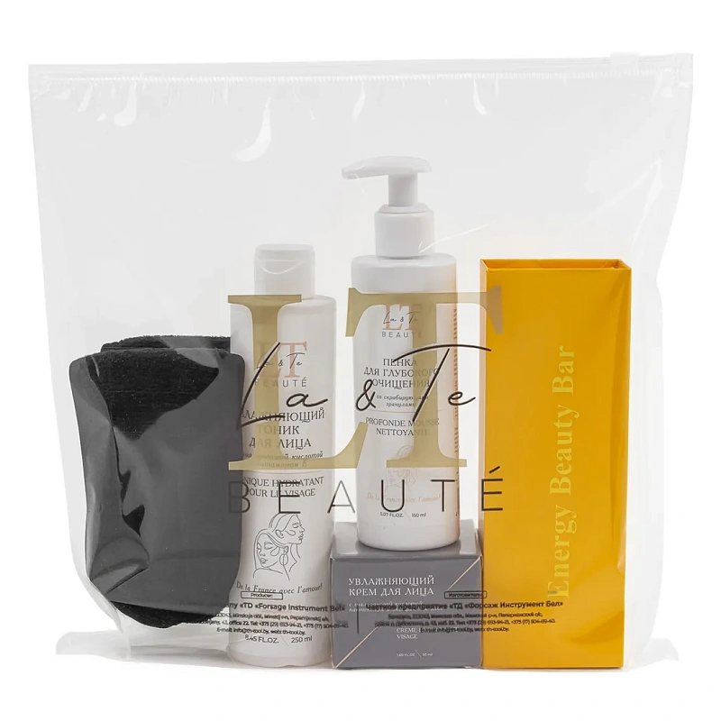 Набор, массажер для кожи вокруг глаз, повязка на голову на липучке, гель-пенка-1824, увлажняющий тоник-1763, крем для лица-1862 La and Te beaute LT-31