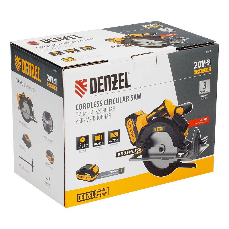 Пила циркулярная аккумуляторная бесщет. CCSH-BL-20-185, 185 мм, Li-Ion, 20 В Denzel 27409