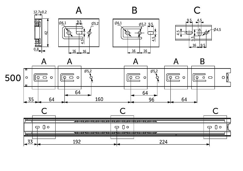 Направляющая шариковая L-500 h42 A GRIDLI 112764