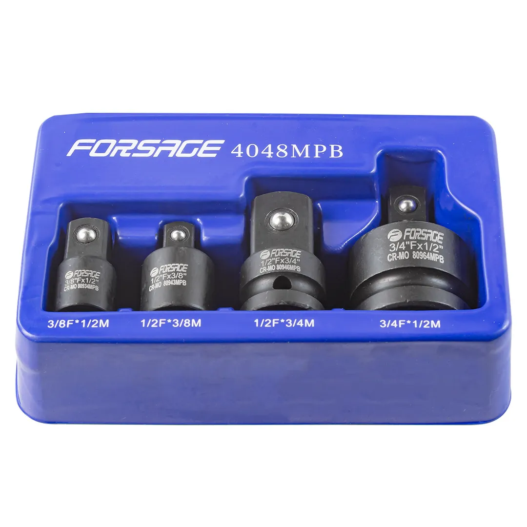 Набор адаптеров ударных 4 пр 3/8''(F)x1/2''(M), 1/2''(F)x3/8''(M), 1/2''(F)x3/4''(M), 3/4''(F)x1/2''(M), в ложементе Forsage F-4048MPB