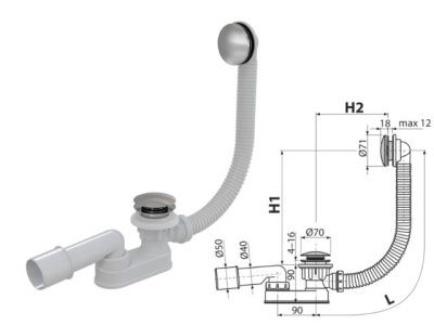 Сифон для ванны click/clack металл, Alcaplast A504CKM-BL-01