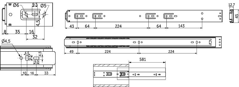 Направляющая шариковая L-600 h45 PUSH TO OPEN A PRIME by AKS 115631