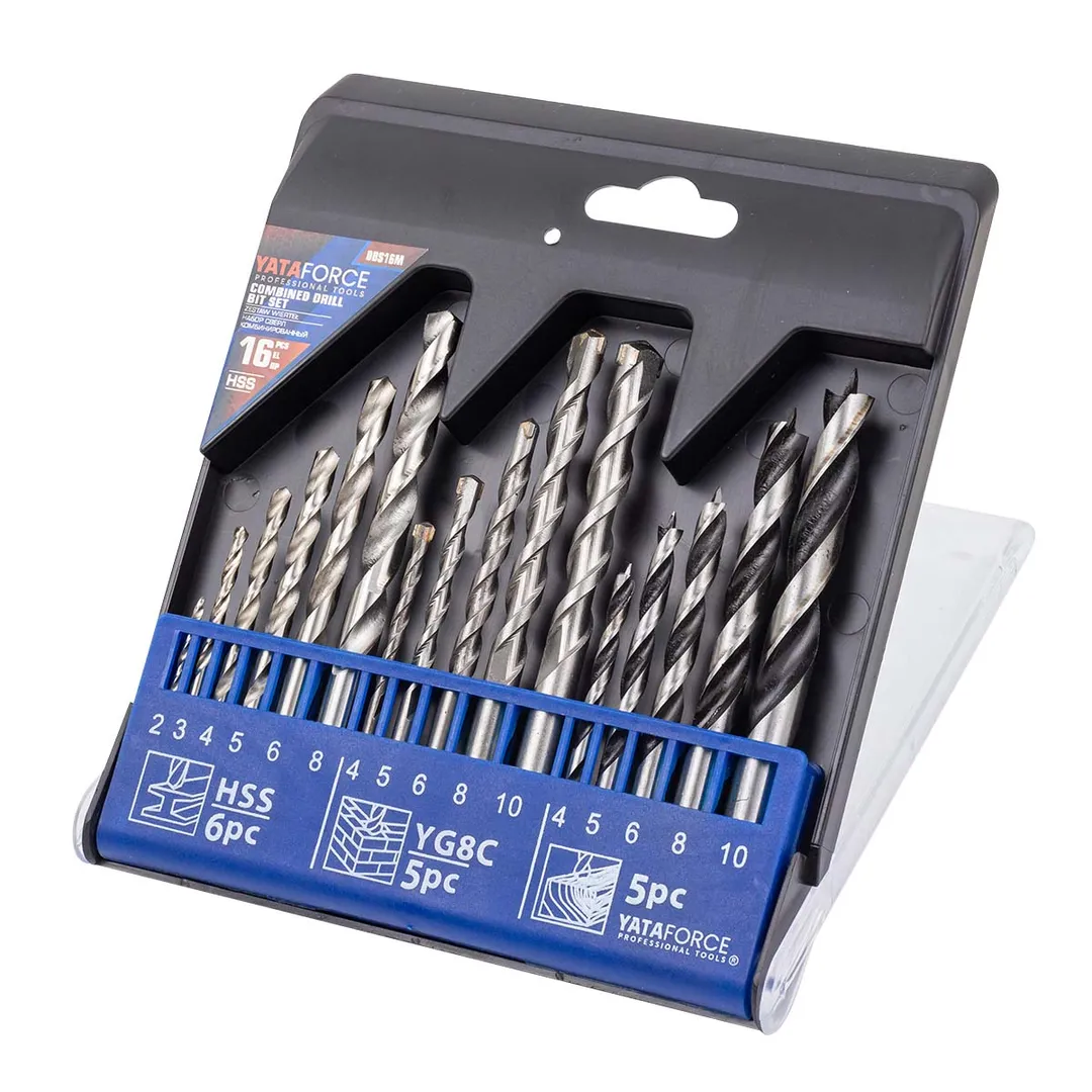 Комбинированный набор сверл 16 пр, по металлу: 2-6, 8 мм, по бетону: 4-6, 8, 10 мм, по дереву: 4-6, 8, 10 мм YATAFORCE YF-DBS16M
