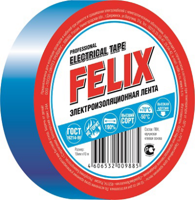 Лента электроизоляционная 19 мм х10м ПВХ (синяя), FELIX 410040170