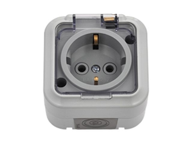 Розетка 1-ая (открытая, с/з, брызг. защ.) серая, Пралеска Аква, (IP54 пылебрызгозащищенные, прозрачная крышка) Bylectrica РА16-297(02)