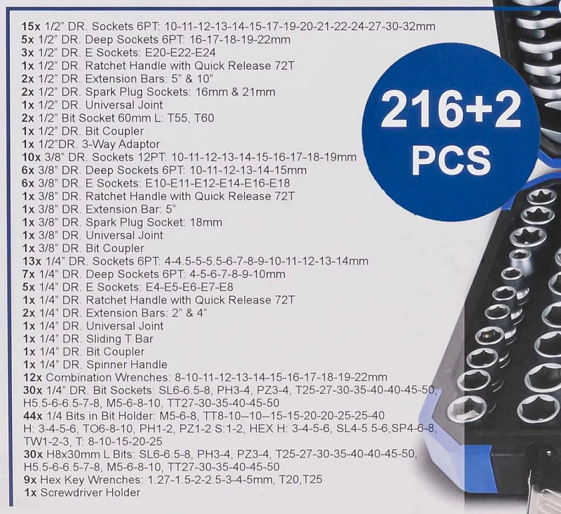 Набор инструментов 216+2 пр. 1/4''&3/8''&1/2'', 6-гр. Scheppach Sch-38841+2