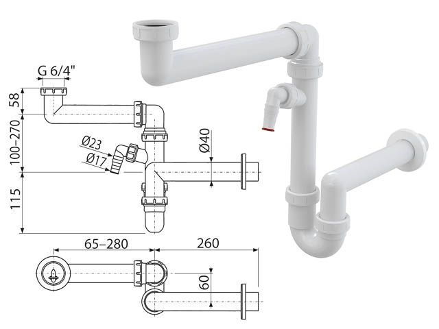 Сифон для мойки экономящий пространство cо штуцером и накидной гайкой 6/4, Alcaplast A872P