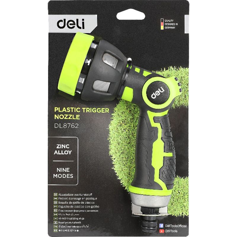 Пистолет-распылитель Deli GS EDL8762, 9 функций, быстросъем, фиксатор курка, черный, зеленый