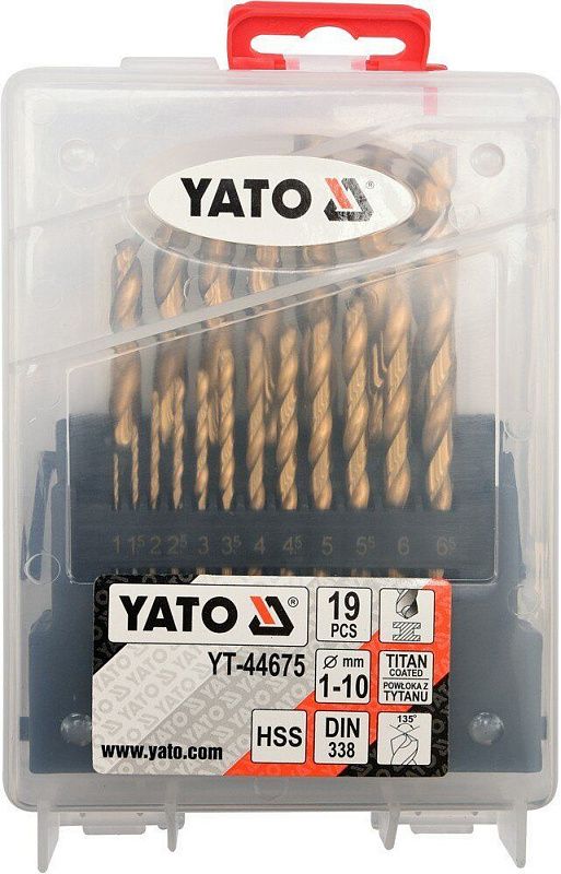 Набор сверл по металлу 1-10 мм. HSS-TiN 19 пр. Yato YT-44675