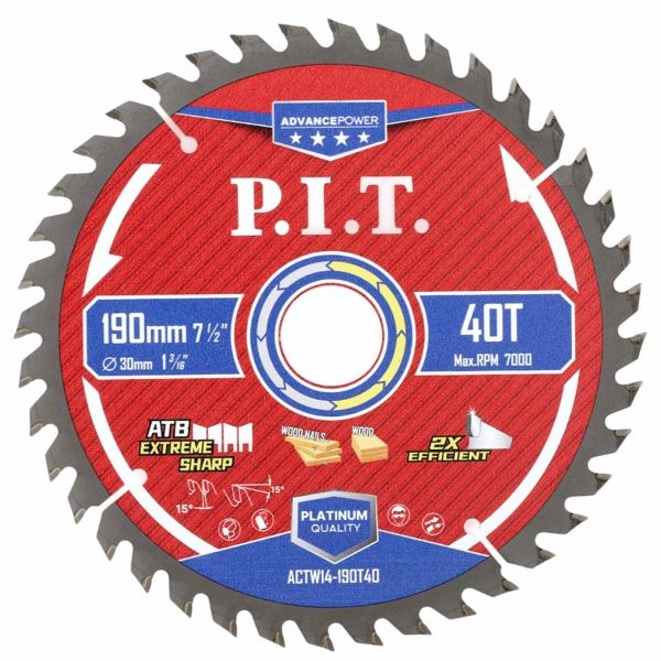 Диск пильный по дереву ADVANCE 190x30x1,4 мм, 40T Carbide, зуб ATB 15° PIT ACTW14-190T40