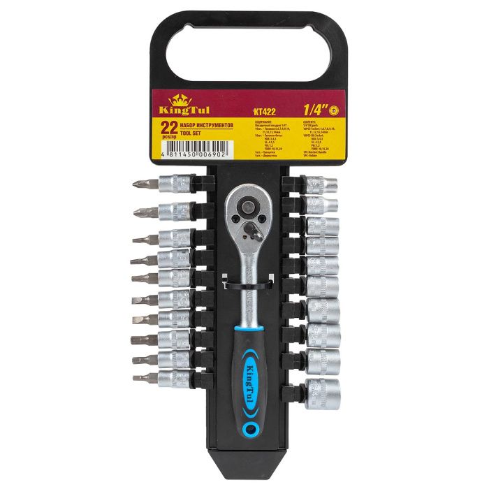 Набор головок и головок-бит с трещоткой 22 пр. 1/4'', 5-14 мм, 6-гр. KINGTUL KT422