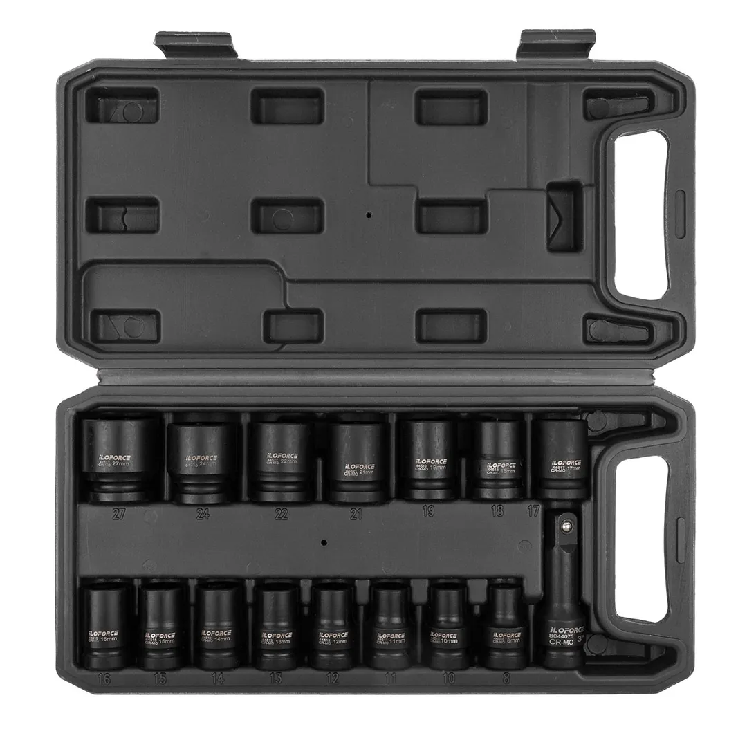 Набор ударных головок 8-27 мм 1/2'' 6 гр 16 пр, удлинитель 75 мм ILOforce IF-4179-5MPB