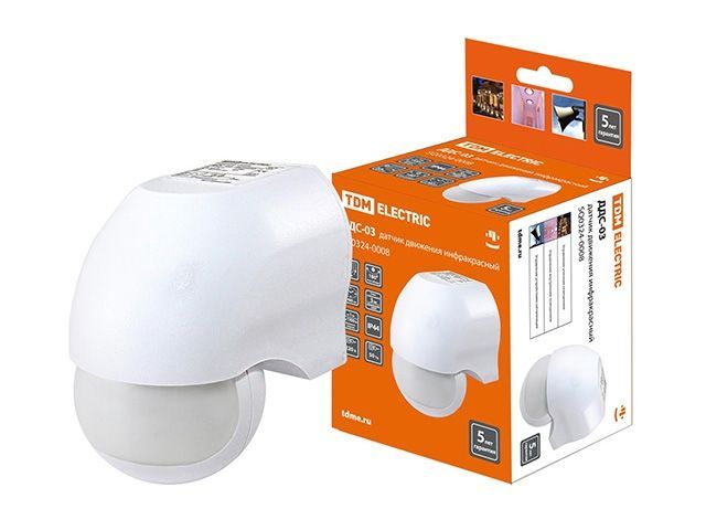 Датчик движения настенный ДДС-03 1100Вт, 5-720с, 10м, 5+Лк, 180гр, IP44, TDM SQ0324-0008