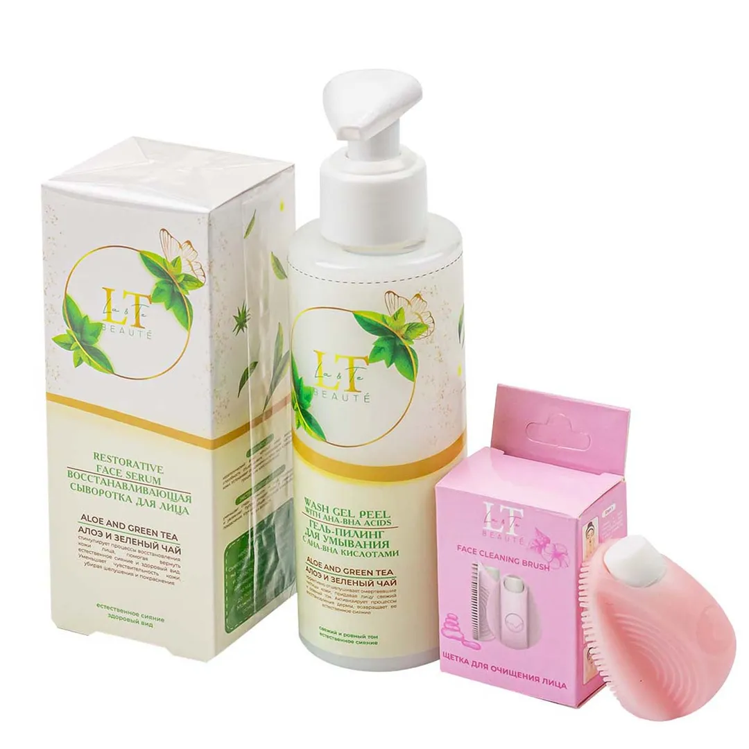 Набор для очищения кожи лица, щетка для лица электромеханическая, гель-пилинг для умывания с кислотами, восстанавливающая сыворотка, пакет 20*25 La and Te beaute LT-53