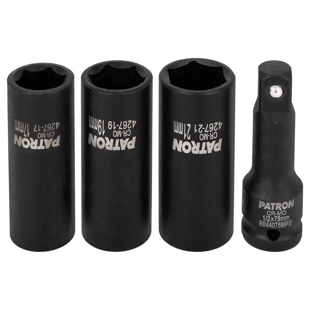 Набор ударных двухсторонних головок экстрактор/6-гр, с удлинителем 17, 19, 21 мм 1/2'' 4 пр PATRON P-4267