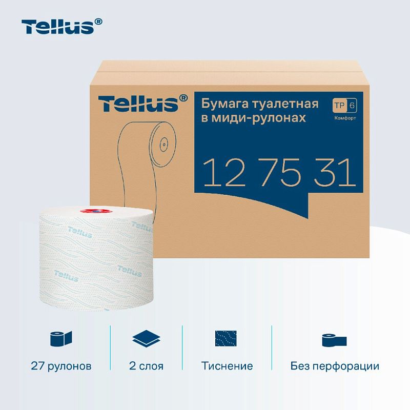Бумага туалетная Tellus Комфорт T6, в миди-рулонах 100 м, 2 слоя