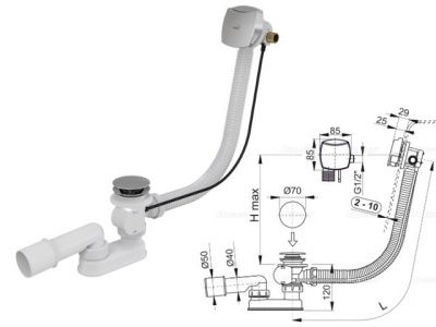 Сифон для ванны с напуском воды через перелив, металл - пластик, Alcaplast A564CRM1