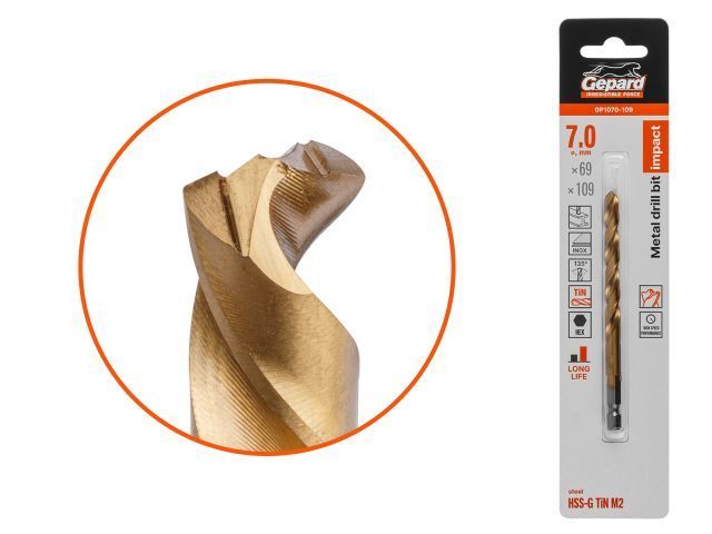Сверло по металлу шестигр. 7.0х69х109 мм HSS-G TIN многогранная заточка GEPARD GP1070-109